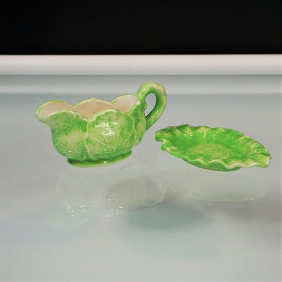 Italian The Mane Lion Pottery Cabbage Collection Gravy Boat With Underplate FLAW - Picture 6 of 7